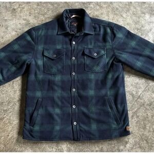The Normal Brand Jacket Men L Navy Green Plaid Quilted Lined Shacket Elbow Patch
